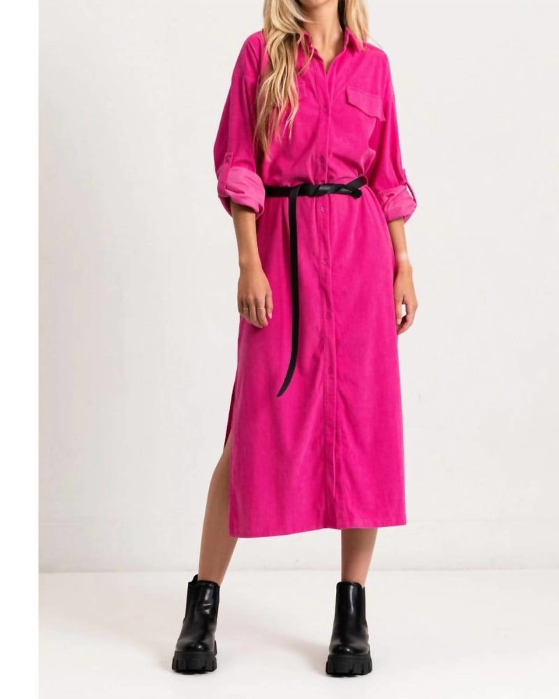 Front of a model wearing a size Large Corduroy Roll Up Sleeve Shirt Dress In Pink in Pink by Favorite Girl. | dia_product_style_image_id:346515